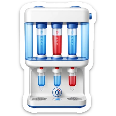 “Flat icon of a dual-temperature water purifier with red and blue nozzles, modern white body, clean vector style” sticker