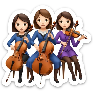 Create an imagine of three brunette women playing string instruments, the first is playing a cello, the second is playing a viola and the third is playing the violin sticker