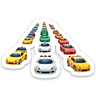 grandstands filled with cheering crowds, checkered flags waving, and traffic lights signaling the start, with a thrilling atmosphere of anticipation and speed. Sporty cars and motorcycles lined up at the starting line, ready to race, with a vibrant racetrack in the background. sticker