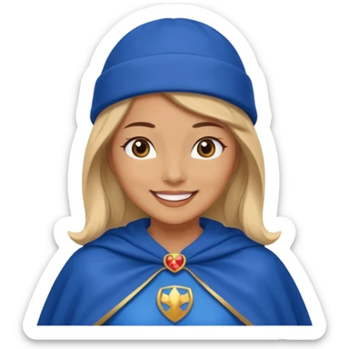 Female hero in blue beanie, cape flowing, smiling proudly.


































 sticker