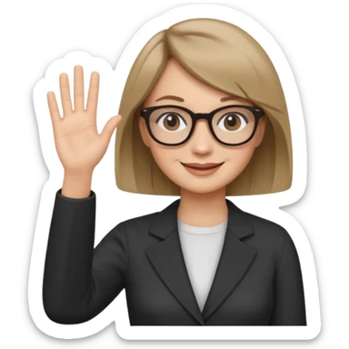 woman dark blonde petite bob haircut wears dark squarish glasses, classic clothes, smiling, waving, a tad older sticker