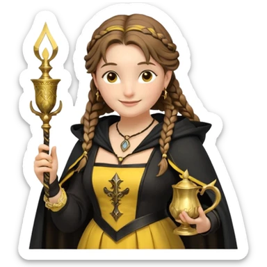 Helga Hufflepuff,the Hogwarts founder of Hufflepuff,brown-haired,2braids,yellow-black medieval dress with black cloak decorated with gold braiding,flickering magic wand and tiny two-handled shiny gold cup engraved with the badger silhouette,very kind smile,curvy busty sweet sticker