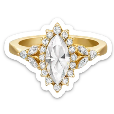 A marquise diamond ring with a vintage floral halo, small diamonds around the center stone, and a thin gold band.  Elegant and timeless. sticker