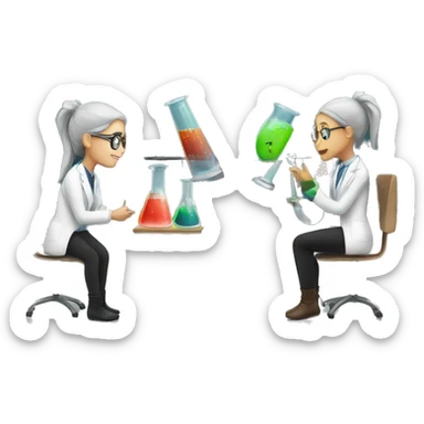 scientists discussing by the window two girls with a beaker sticker