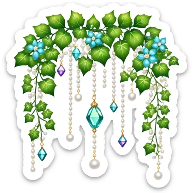 Exotic romantic Few cute tiny Iridescent glistening glossy sparkly shiny glittery hanging crystals pearls and beads and gemstones scenery scenic decorations with ivy and flowers sticker