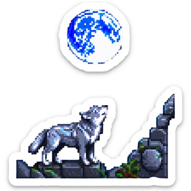 wolf in minecraft style, pixel art, howling at a blocky moon sticker