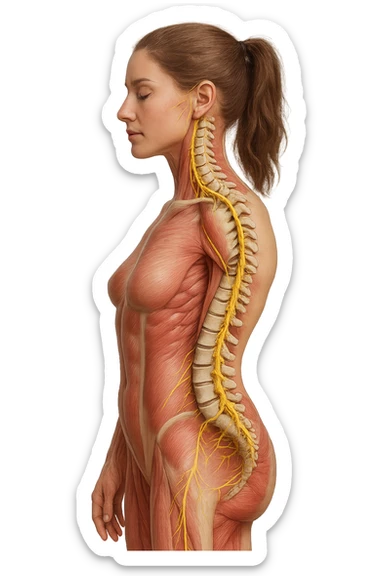 fai un immagine identica che riguarda un esercizio ma mettigli spina dorsale e muscoli in evidenza (anatomica) con colori naturali di un corpo umano (non blu), il nervo giallo si deve vedere molto bene. falla iperrealistica anatomica in 4k con spina dorsale storta in evidenza sticker