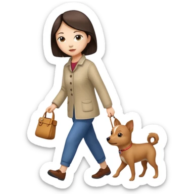 Chinese woman walking small brown dog sticker