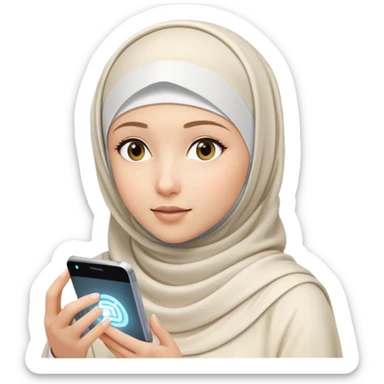 girl with white hijab working with augmented reality and metaverse, digital code, virtual machine artifacts floating around her sticker