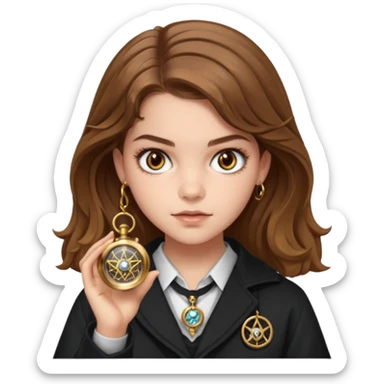 Barbara Palvin as Hermione Granger with brown eyes and holding a time turner sticker