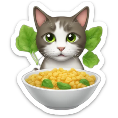 Katze mit Katzenfutter am Essen mit grünen augen sticker