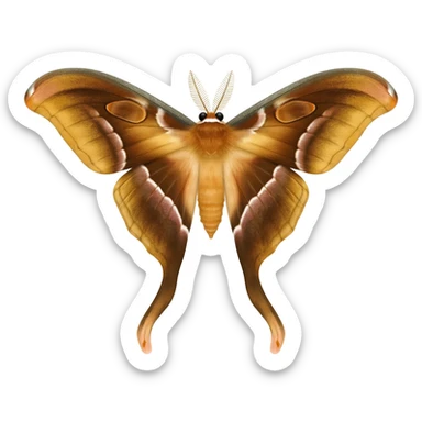 chinese moon moth from above, with accurately detailed wings and colouring, long tendril like lower wings, and little black eyes on top of head sticker