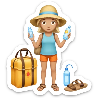 summer survival kit: SPF, water, sunhat, sandals, hot weather essentials sticker