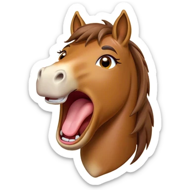 Cinematic Cute Yawning Bay Horse Portrait Emoji, Head tilted slightly with a dramatic, wide-open yawn, revealing a smooth bay fur with a subtle luster, floppy ears slightly drooping, round amber eyes barely open in drowsy contentment, Simplified yet irresistibly adorable features, highly detailed, glowing with a soft, cozy glow, high shine, relaxed yet expressive, stylized with a touch of equine whimsy, bright and endearing, soft glowing outline, capturing the essence of a sleepy yet affectionate horse, so drowsy it feels like it could stretch out of the screen and curl up for a nap! sticker