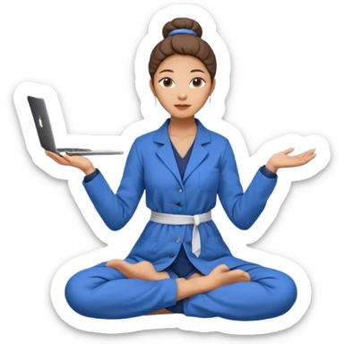 emoji of an asian woman with a single bun in a long blue labcoat sitting cross legged with dna levitating above one hand and an macbook above the other hand sticker