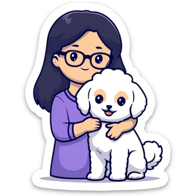 Girl with long black hair and glasses holding a white Bichon Frise dog sticker