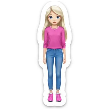 beautiful girl with long fair hair, blue eyes, in a vivid pink blouse, grey jeans and white trainers sticker