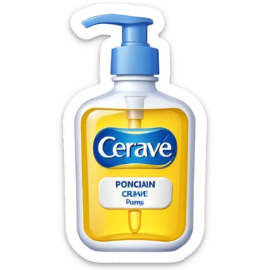 White CeraVe pump bottle with blue label and bright yellow  glow badge. Floating in golden morning light, encircled by radiant sunbeams and shimmering protective particles. Shield Glossy, potion-like, symbolizing daily moisture and powerful sun defense. sticker