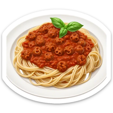 Spaghetti Bolognese on a plate, already mixed together, nice basil on top sticker