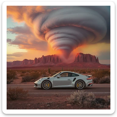A modern desert mountain, wallpaper, modern, porsche 911, sunset, arizona desert, tornado in background sticker