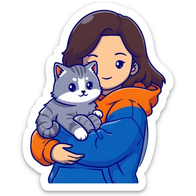Brunette girl with dark blue sweatshirt cuddling a fluffy grey Siberian cat, detailed illustration sticker