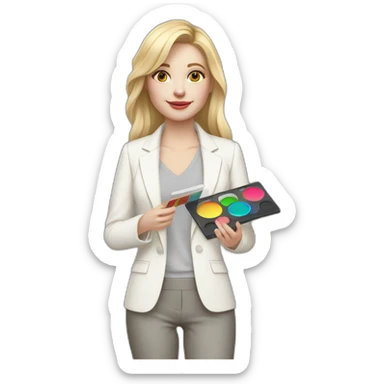 pale skin woman with blonde straight line Hair to shoulders, White classical jacket, Gray Palazzo pants holding a color palette in the hands sticker