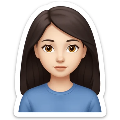 Create an Apple-style emoji of a young woman with long dark hair, brown eyes, natural look, smooth skin, soft shading, simple outfit, cute and friendly expression. sticker
