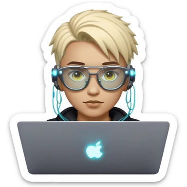 An emoji of a person with a laptop, but wearing cyberpunk glasses and with a slight neon glow sticker