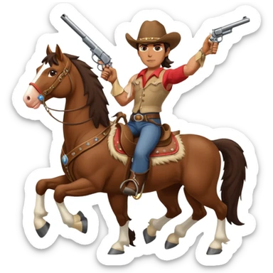I need a very muscular brunette cowboy riding a large Clydesdale horse shooting a gun in both handles. sticker