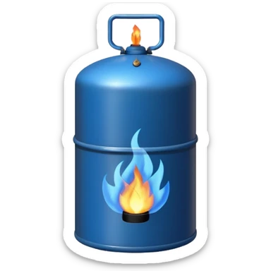 generate an ultra realistic black metal gas holder without rust and with a blue fire label sticker