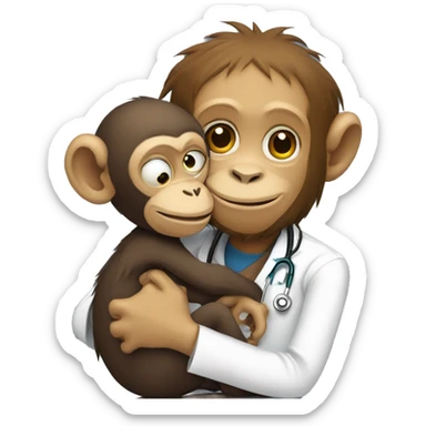 A monkey in a doctor's costume hugging a homeless monkey sticker