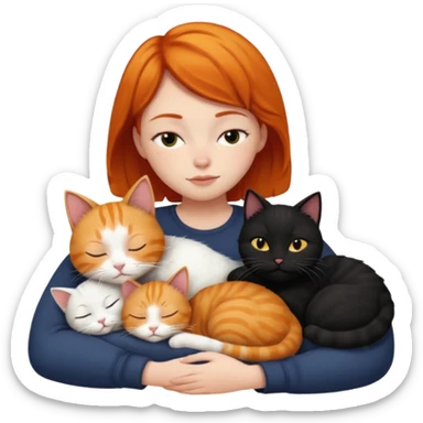 Ginger Girl short hair sleeping with two cats a black and a white bigger cat  sticker