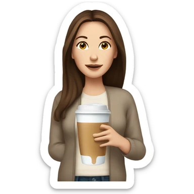 Beautiful white woman mom, long straight brown hair, brown eyes, cozy holding an iced coffee, white sweater sticker
