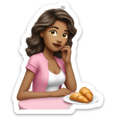 Attractive brunette girl sitting on a white chair wearing jeans and white shoes and pink top with a pink bow in her hair eating a croissant at a table in Paris  sticker