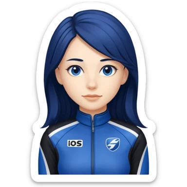 dark blue long hair woman with black racing outfit with blue strips sticker