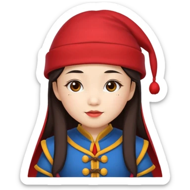 Asian girl wearing dwarf costume with red hat sticker