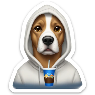 Dog wearing hoodie drinking Dutch Bros sticker
