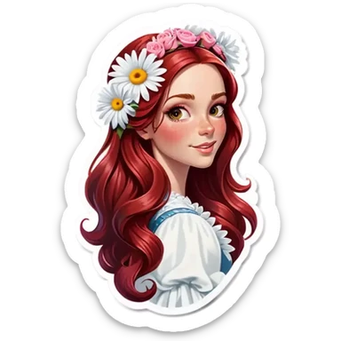 Realistic european woman with long red  hair with pink roses & white daisies in hair sticker