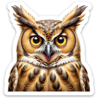Cinematic Comical Great Horned Owl Portrait Emoji, Head tilted dramatically with an exaggeratedly amused expression, featuring a strikingly patterned mottled plumage with bold contrasts, wide, expressive golden eyes filled with playful disbelief, Simplified yet hilariously expressive features, highly detailed, glowing with a slightly sassy glow, high shine, dramatic yet playful, stylized with an air of cheeky nocturnal mischief, bright and endearing, soft glowing outline, capturing the essence of a spirited and over-the-top owl, so meme-worthy it feels like it could hoot its way into internet fame instantly! sticker