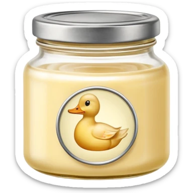 small squat glass jar of pale yellow duck fat with a metal lid, creamy layer visible, no label or extras, soft lighting, subtle shadows, emoji scale sticker