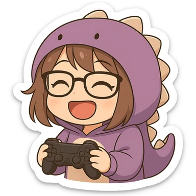 Chibi anime style gamer girl with glasses, brown hair, dark purple eyes, wearing a purple dinosaur costume, making a happy emote, no background, same style as reference. sticker