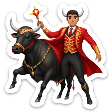 Create a realistic image of a traditional bullfighting scene in a Spanish arena.
Show a bullfighter (matador) HOLDING a red cape (muleta) not wearing one. as a powerful black bull charges toward it. sticker