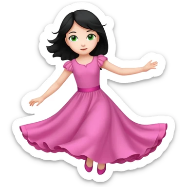 Una chica de 10 años volando con la piel clara el pelo negro y los ojos verdes con un vestido largo y rosa sticker