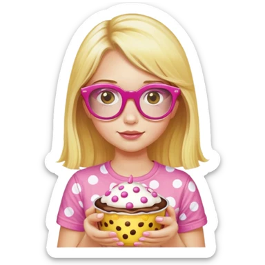 a girl with long lashes, long blonde hair, pink glasses, wearing a yellow polka dot t-shirt, holding a pudding sticker