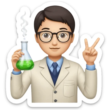 asian chemistry teacher wearing glasses holdin a flask pointing right sticker