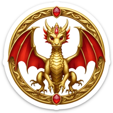 Golden dragon with wings crest / brosch in a circle with red gems and no background sticker