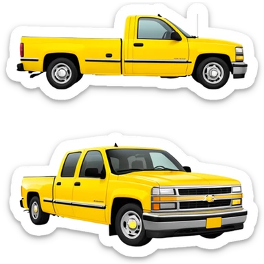 Iconic yellow 1997 Chevrolet C-2500 Crew Cab Silverado from Tarantino's Kill Bill, 30-degree perspective showing front and side, vibrant yellow paint job, minimalist style, iOS emoji sticker