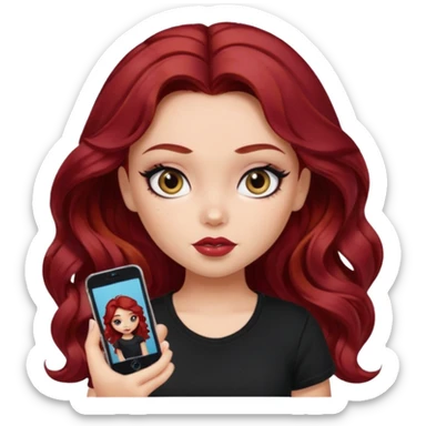 a pretty fair bratz girl with wavy dark red hair, wearing a black tee. eyeliner on sticker