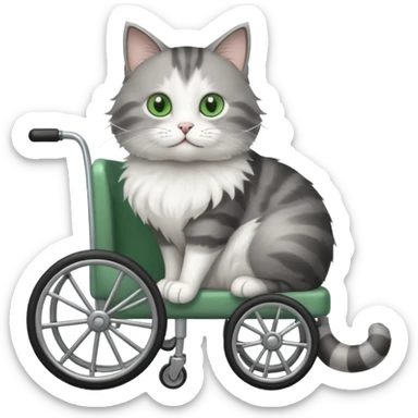 grey and white cat in a cat wheelchair sticker