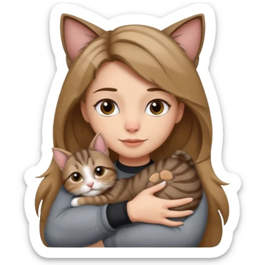 Une femme avec les cheveux dégradée, brun et blond, qui fait un câlin à son chat gris, tigré avec les extrémités que pattes pointe d’oreilles noires et le dessous du menton blanc sticker